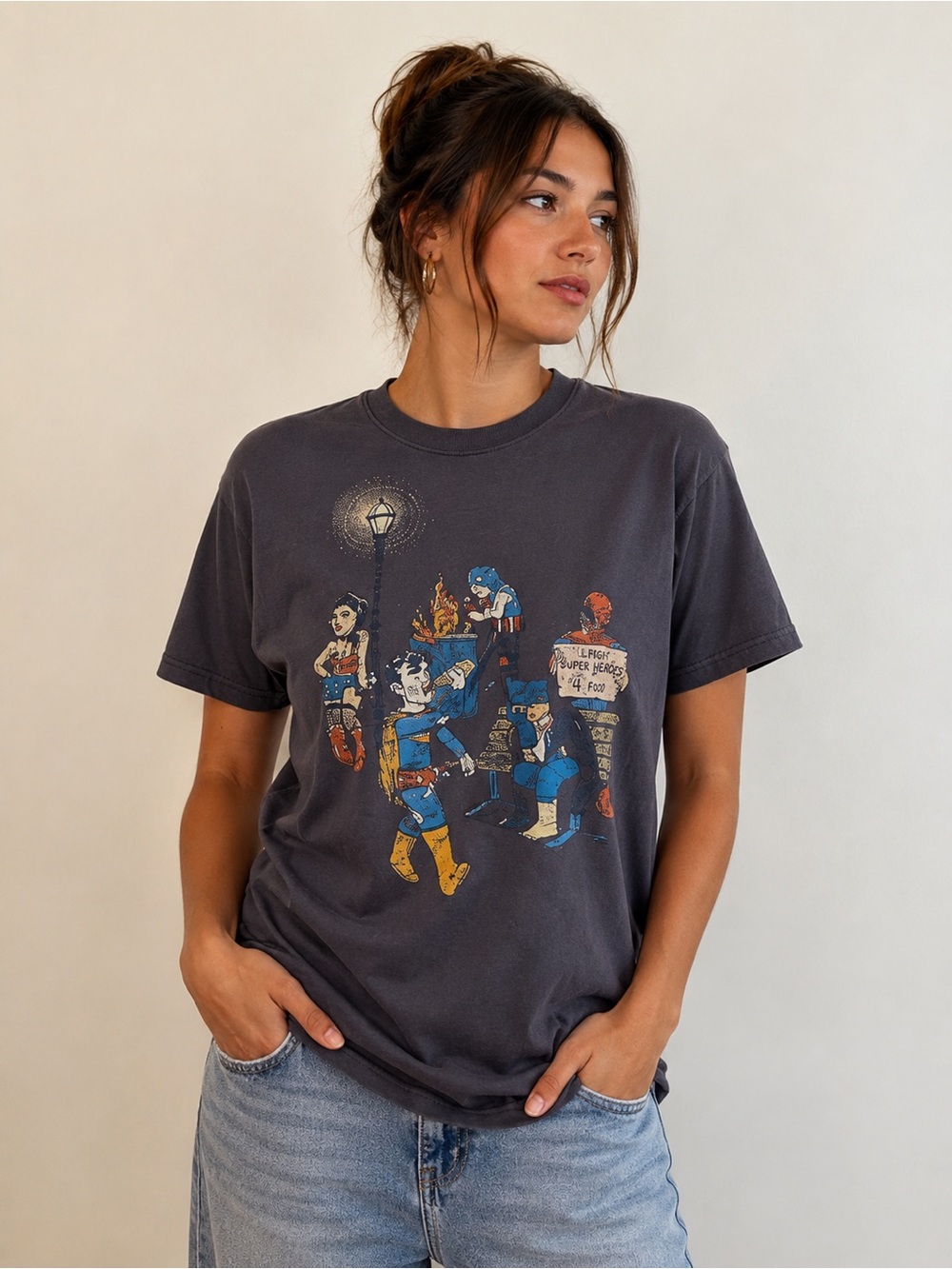 Threadless Superhero Parody Graphic T-Shirt Medium Charcoal Gray Comic Humor Tee